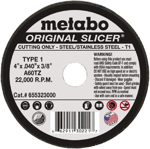 Metabo - 4" Aluminum Oxide Cutoff Wheel - 0.04" Thick, 3/8" Arbor, Use with Angle Grinders - A1 Tooling