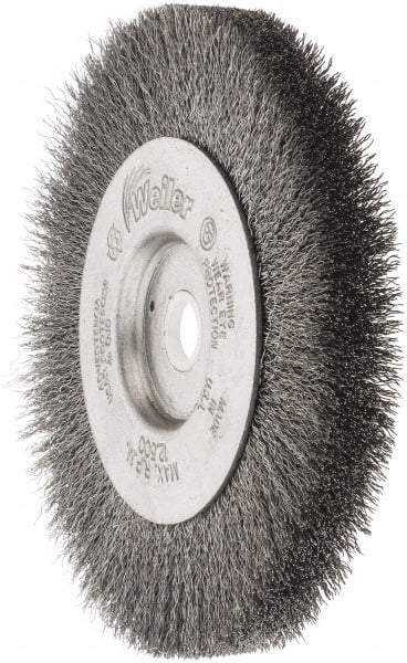 Weiler - 4" OD, 1/2" Arbor Hole, Crimped Steel Wheel Brush - 1/2" Face Width, 7/8" Trim Length, 0.006" Filament Diam, 12,500 RPM - A1 Tooling