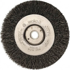 Weiler - 4" OD, 1/2" Arbor Hole, Crimped Steel Wheel Brush - 1/2" Face Width, 7/8" Trim Length, 0.008" Filament Diam, 12,500 RPM - A1 Tooling