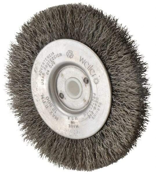 Weiler - 4" OD, 1/2" Arbor Hole, Crimped Steel Wheel Brush - 1/2" Face Width, 7/8" Trim Length, 0.0095" Filament Diam, 12,500 RPM - A1 Tooling