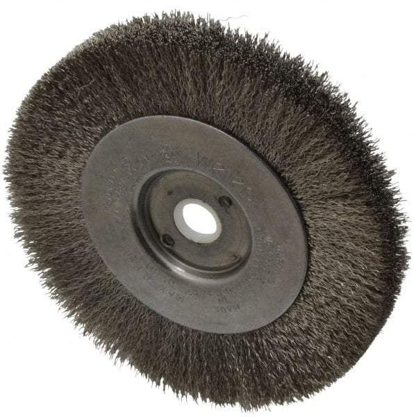 Weiler - 4" OD, 1/2" Arbor Hole, Crimped Stainless Steel Wheel Brush - 1/2" Face Width, 7/8" Trim Length, 0.006" Filament Diam, 12,500 RPM - A1 Tooling