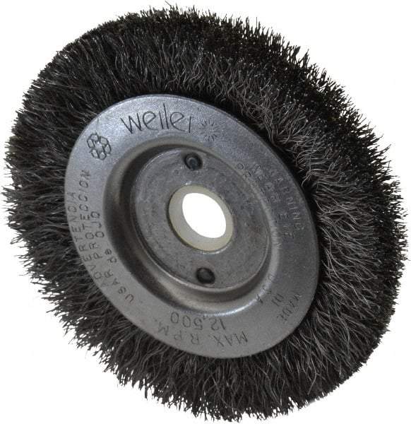 Weiler - 3" OD, 1/2" Arbor Hole, Crimped Steel Wheel Brush - 7/16" Face Width, 1/2" Trim Length, 0.008" Filament Diam, 12,500 RPM - A1 Tooling