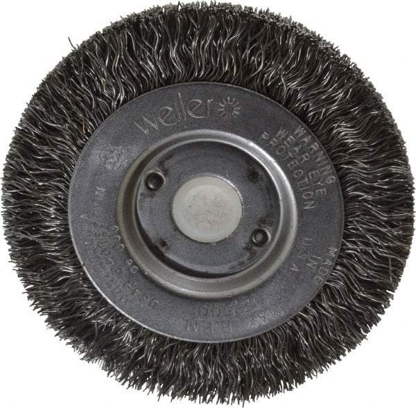 Weiler - 3" OD, 1/2" Arbor Hole, Crimped Steel Wheel Brush - 7/16" Face Width, 1/2" Trim Length, 0.0118" Filament Diam, 12,500 RPM - A1 Tooling