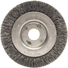 Weiler - 3" OD, 1/2" Arbor Hole, Crimped Steel Wheel Brush - 7/16" Face Width, 1/2" Trim Length, 0.014" Filament Diam, 12,500 RPM - A1 Tooling