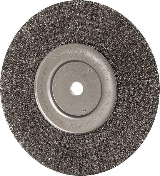 Weiler - 10" OD, 3/4" Arbor Hole, Crimped Steel Wheel Brush - 3/4" Face Width, 2-1/2" Trim Length, 0.014" Filament Diam, 4,000 RPM - A1 Tooling