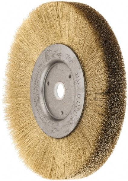 Weiler - 6" OD, 5/8" Arbor Hole, Crimped Brass Wheel Brush - 1/2" Face Width, 1-1/16" Trim Length, 0.005" Filament Diam, 6,000 RPM - A1 Tooling