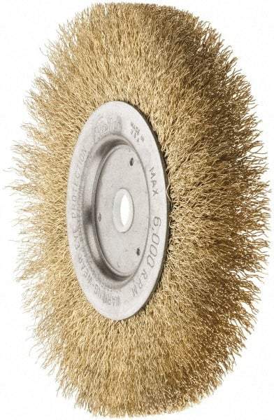 Weiler - 6" OD, 5/8" Arbor Hole, Crimped Brass Wheel Brush - 1/2" Face Width, 1-1/16" Trim Length, 0.0118" Filament Diam, 6,000 RPM - A1 Tooling