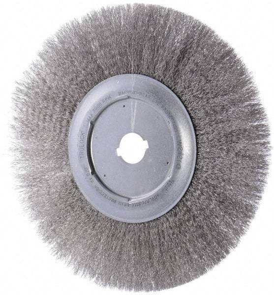 Weiler - 12" OD, 1-1/4" Arbor Hole, Crimped Stainless Steel Wheel Brush - 3/4" Face Width, 2-15/16" Trim Length, 0.0104" Filament Diam, 3,000 RPM - A1 Tooling