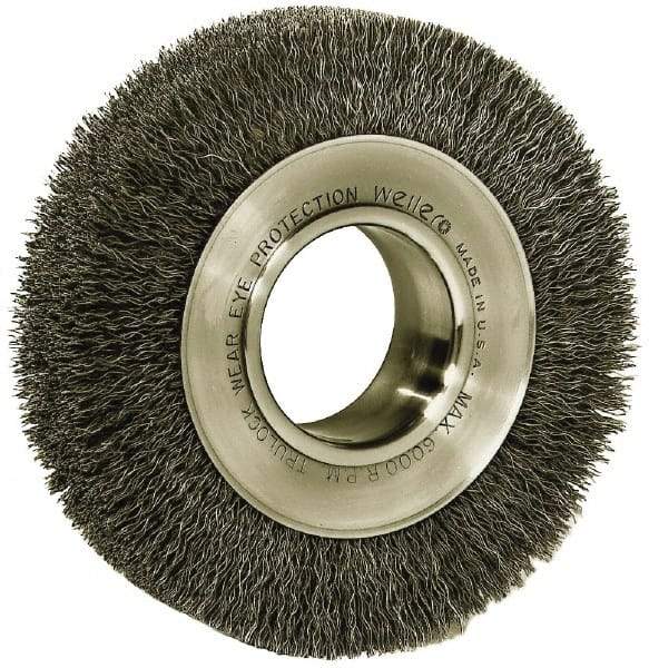 Weiler - 6" OD, 2" Arbor Hole, Crimped Steel Wheel Brush - 1-1/4" Face Width, 1-1/8" Trim Length, 0.006" Filament Diam, 6,000 RPM - A1 Tooling