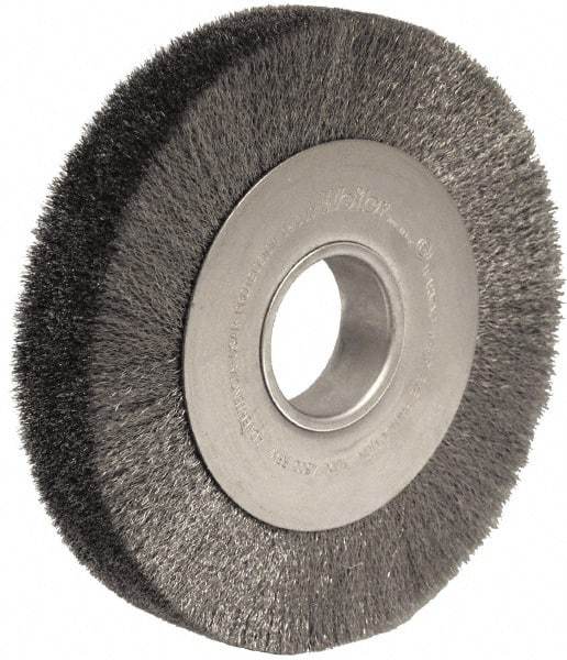 Weiler - 8" OD, 2" Arbor Hole, Crimped Steel Wheel Brush - 1-1/2" Face Width, 1-3/8" Trim Length, 0.006" Filament Diam, 4,500 RPM - A1 Tooling