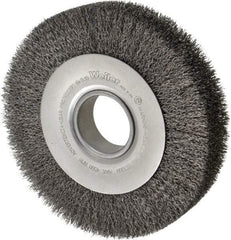 Weiler - 8" OD, 2" Arbor Hole, Crimped Steel Wheel Brush - 1-1/2" Face Width, 1-3/8" Trim Length, 0.014" Filament Diam, 4,500 RPM - A1 Tooling