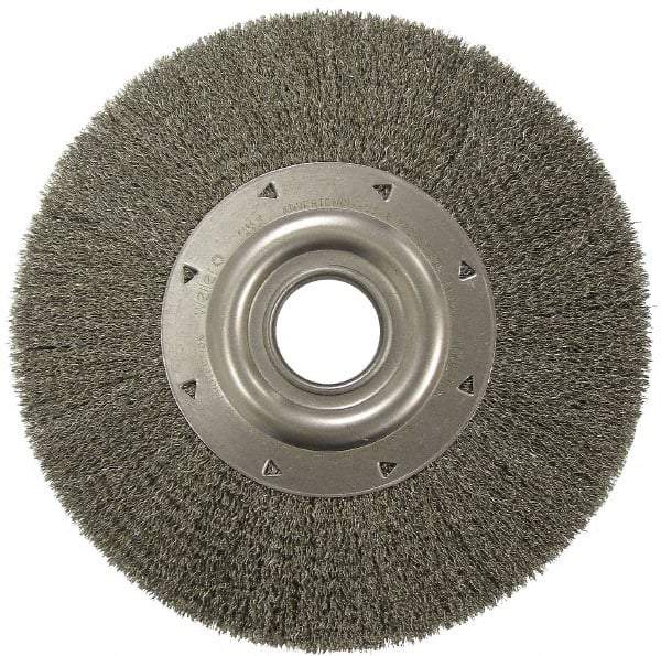 Weiler - 6" OD, 2" Arbor Hole, Crimped Stainless Steel Wheel Brush - 1-1/4" Face Width, 1-1/8" Trim Length, 0.006" Filament Diam, 6,000 RPM - A1 Tooling