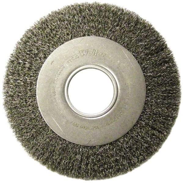 Weiler - 6" OD, 2" Arbor Hole, Crimped Steel Wheel Brush - 1" Face Width, 1-1/8" Trim Length, 0.006" Filament Diam, 6,000 RPM - A1 Tooling