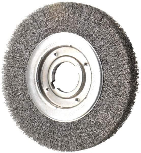 Weiler - 10" OD, 2" Arbor Hole, Crimped Steel Wheel Brush - 1-1/8" Face Width, 2" Trim Length, 0.0118" Filament Diam, 3,600 RPM - A1 Tooling