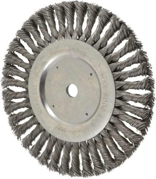 Weiler - 8" OD, 5/8" Arbor Hole, Knotted Steel Wheel Brush - 5/8" Face Width, 1-5/8" Trim Length, 0.023" Filament Diam, 6,000 RPM - A1 Tooling