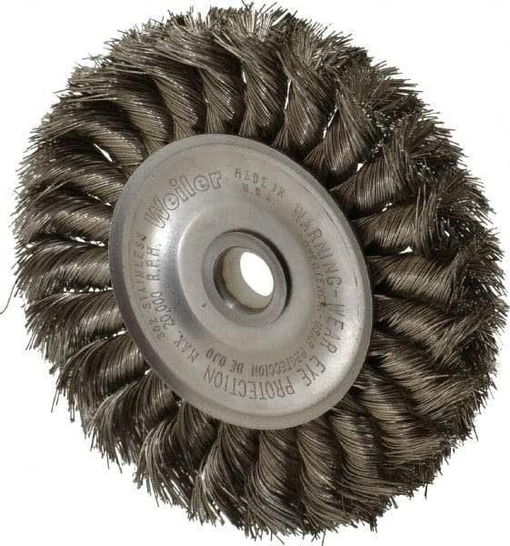 Weiler - 4" OD, 1/2" Arbor Hole, Knotted Stainless Steel Wheel Brush - 1/2" Face Width, 7/8" Trim Length, 0.0118" Filament Diam, 20,000 RPM - A1 Tooling