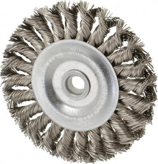 Weiler - 4" OD, 1/2" Arbor Hole, Knotted Stainless Steel Wheel Brush - 1/2" Face Width, 7/8" Trim Length, 0.02" Filament Diam, 20,000 RPM - A1 Tooling