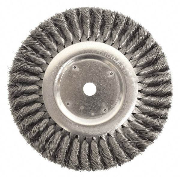 Weiler - 12" OD, 2" Arbor Hole, Knotted Steel Wheel Brush - 1-1/4" Face Width, 2-3/4" Trim Length, 0.023" Filament Diam, 3,600 RPM - A1 Tooling