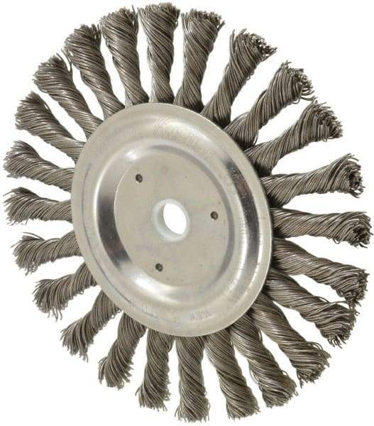 Weiler - 6" OD, 5/8" Arbor Hole, Knotted Steel Wheel Brush - 3/8" Face Width, 1-3/8" Trim Length, 0.023" Filament Diam, 9,000 RPM - A1 Tooling