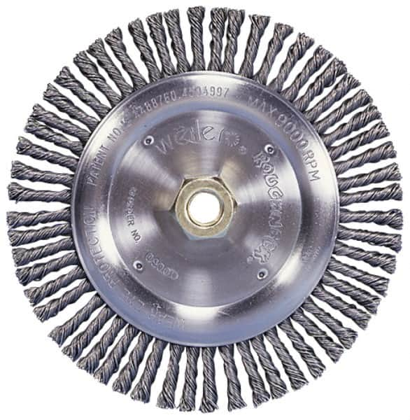 Weiler - 12" OD, 1-1/4" Arbor Hole, Knotted Steel Wheel Brush - 3/4" Face Width, 2-3/4" Trim Length, 0.016" Filament Diam, 3,600 RPM - A1 Tooling