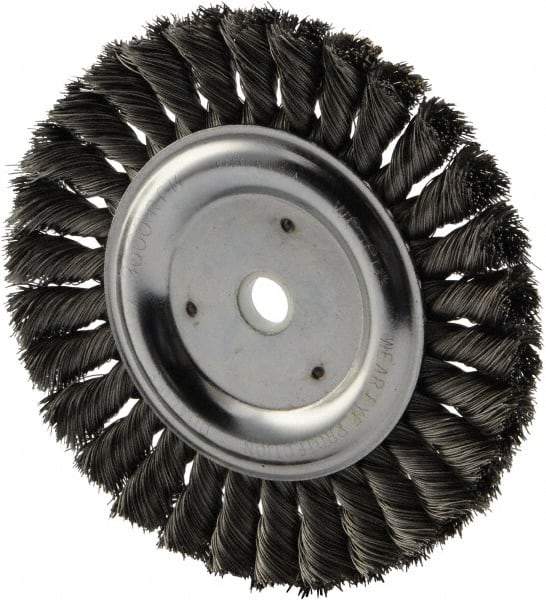 Weiler - 6" OD, 5/8" Arbor Hole, Knotted Steel Wheel Brush - 5/8" Face Width, 1-1/4" Trim Length, 0.016" Filament Diam, 9,000 RPM - A1 Tooling