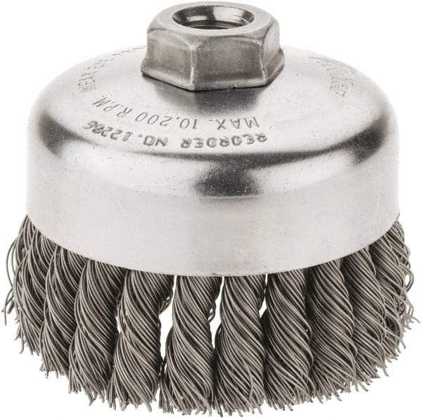 Weiler - 4" Diam, 5/8-11 Threaded Arbor, Steel Fill Cup Brush - 0.023 Wire Diam, 1-1/4" Trim Length, 9,000 Max RPM - A1 Tooling