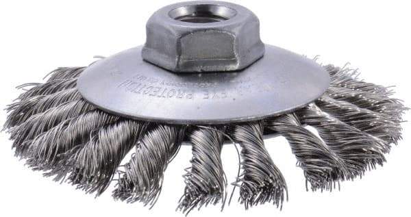 Weiler - 4" OD, 5/8-11 Arbor Hole, Knotted Stainless Steel Wheel Brush - 3/8" Face Width, 3/4" Trim Length, 0.014" Filament Diam, 12,500 RPM - A1 Tooling