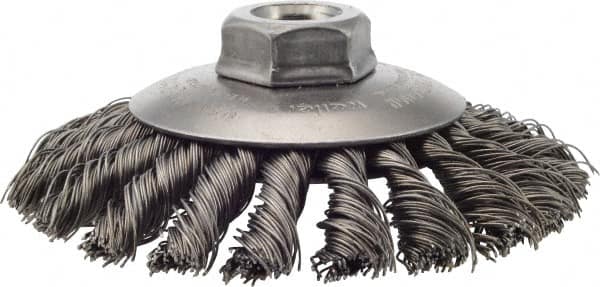 Weiler - 4-1/2" OD, 5/8-11 Arbor Hole, Knotted Steel Wheel Brush - 3/8" Face Width, 1" Trim Length, 0.02" Filament Diam, 12,500 RPM - A1 Tooling