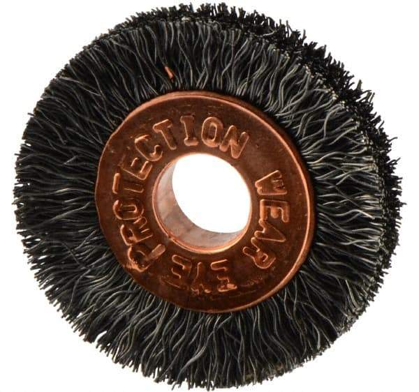 Weiler - 1" OD, 1/4" Arbor Hole, Crimped Steel Wheel Brush - 3/16" Face Width, 1/4" Trim Length, 0.006" Filament Diam, 20,000 RPM - A1 Tooling