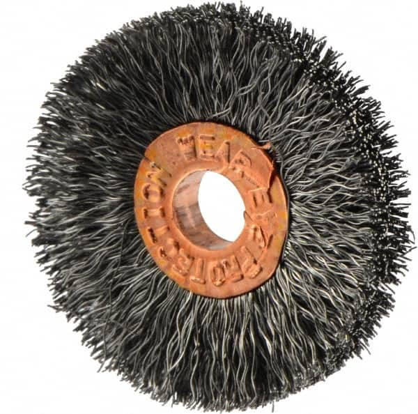 Weiler - 1-1/4" OD, 1/4" Arbor Hole, Crimped Steel Wheel Brush - 1/4" Face Width, 3/8" Trim Length, 0.006" Filament Diam, 20,000 RPM - A1 Tooling