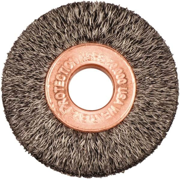 Weiler - 1-1/2" OD, 3/8" Arbor Hole, Crimped Steel Wheel Brush - 1/4" Face Width, 7/16" Trim Length, 0.006" Filament Diam, 20,000 RPM - A1 Tooling