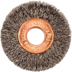 Weiler - 1-1/2" OD, 3/8" Arbor Hole, Crimped Steel Wheel Brush - 1/4" Face Width, 7/16" Trim Length, 0.008" Filament Diam, 20,000 RPM - A1 Tooling