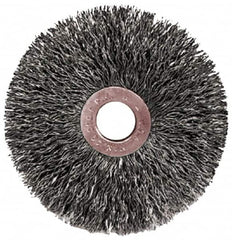 Weiler - 2" OD, 1/2" Arbor Hole, Crimped Steel Wheel Brush - 3/8" Face Width, 1/2" Trim Length, 0.0104" Filament Diam, 20,000 RPM - A1 Tooling