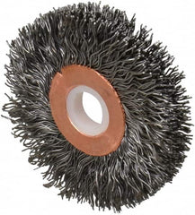 Weiler - 2" OD, 1/2" Arbor Hole, Crimped Steel Wheel Brush - 3/8" Face Width, 1/2" Trim Length, 0.014" Filament Diam, 20,000 RPM - A1 Tooling