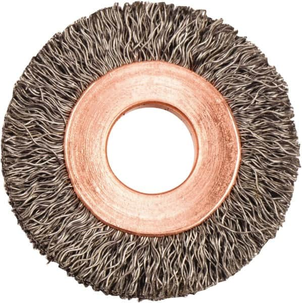 Weiler - 1-1/4" OD, 3/8" Arbor Hole, Crimped Steel Wheel Brush - 1/4" Face Width, 5/16" Trim Length, 0.008" Filament Diam, 20,000 RPM - A1 Tooling