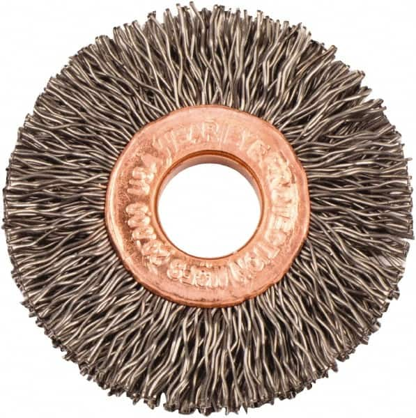 Weiler - 1-1/2" OD, 3/8" Arbor Hole, Crimped Steel Wheel Brush - 1/4" Face Width, 7/16" Trim Length, 0.014" Filament Diam, 20,000 RPM - A1 Tooling