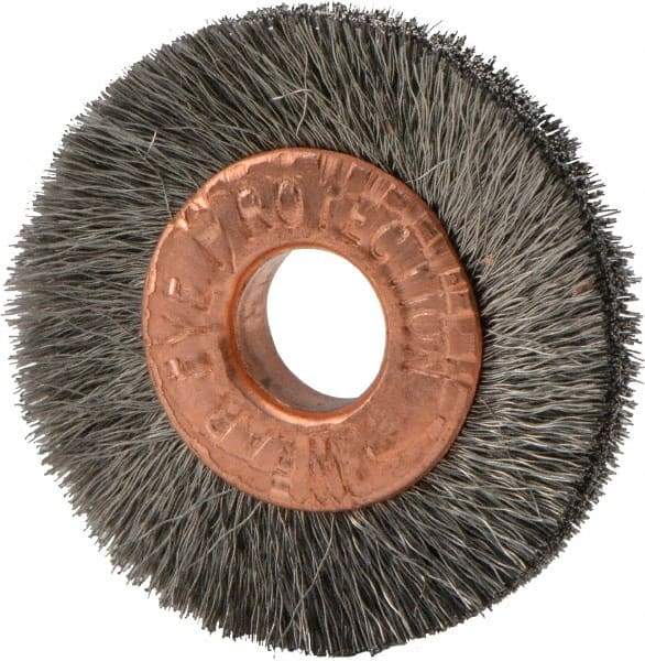 Weiler - 1" OD, 1/4" Arbor Hole, Crimped Stainless Steel Wheel Brush - 3/16" Face Width, 1/4" Trim Length, 0.003" Filament Diam, 20,000 RPM - A1 Tooling