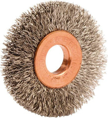 Weiler - 1-1/2" OD, 3/8" Arbor Hole, Crimped Stainless Steel Wheel Brush - 1/4" Face Width, 7/16" Trim Length, 0.008" Filament Diam, 20,000 RPM - A1 Tooling