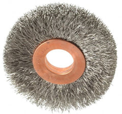 Weiler - 2" OD, 1/2" Arbor Hole, Crimped Stainless Steel Wheel Brush - 3/8" Face Width, 1/2" Trim Length, 0.008" Filament Diam, 20,000 RPM - A1 Tooling