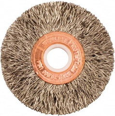 Weiler - 2" OD, 1/2" Arbor Hole, Crimped Stainless Steel Wheel Brush - 3/8" Face Width, 1/2" Trim Length, 0.0118" Filament Diam, 20,000 RPM - A1 Tooling