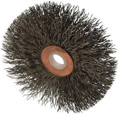 Weiler - 3" OD, 1/2" Arbor Hole, Crimped Stainless Steel Wheel Brush - 5/8" Face Width, 1" Trim Length, 0.014" Filament Diam, 20,000 RPM - A1 Tooling