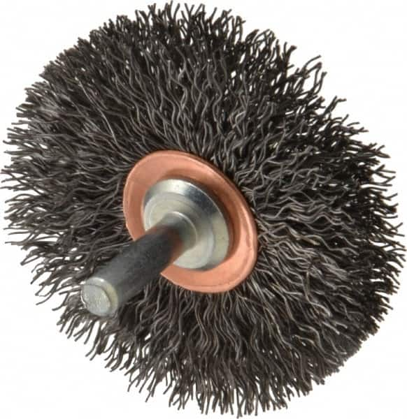 Weiler - 2-1/2" OD, 1/4" Shank Diam, Crimped Steel Wheel Brush - 3/8" Face Width, 3/4" Trim Length, 0.014" Filament Diam, 20,000 RPM - A1 Tooling