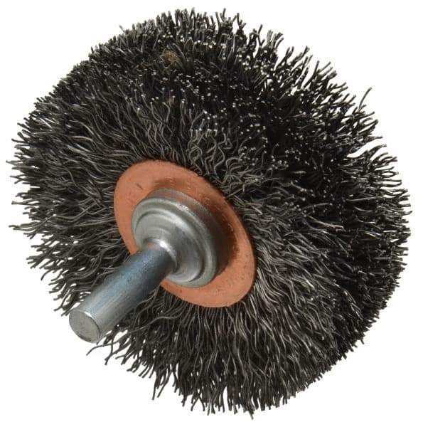 Weiler - 2-1/2" OD, 1/4" Shank Diam, Crimped Steel Wheel Brush - 3/4" Face Width, 11/16" Trim Length, 0.014" Filament Diam, 20,000 RPM - A1 Tooling