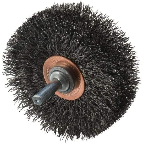 Weiler - 3" OD, 1/4" Shank Diam, Crimped Steel Wheel Brush - 1" Face Width, 15/16" Trim Length, 0.0118" Filament Diam, 20,000 RPM - A1 Tooling