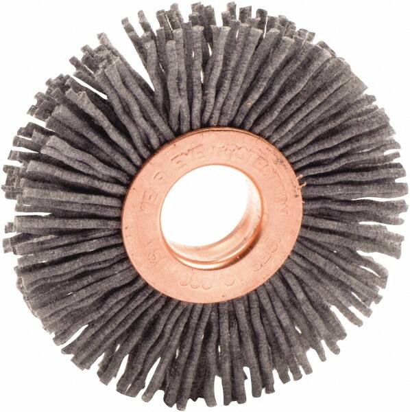 Weiler - 2" OD, 1/2" Arbor Hole, Nylon Wheel Brush - 3/8" Face Width, 1/2" Trim Length, 0.04" Filament Diam, 10,000 RPM - A1 Tooling