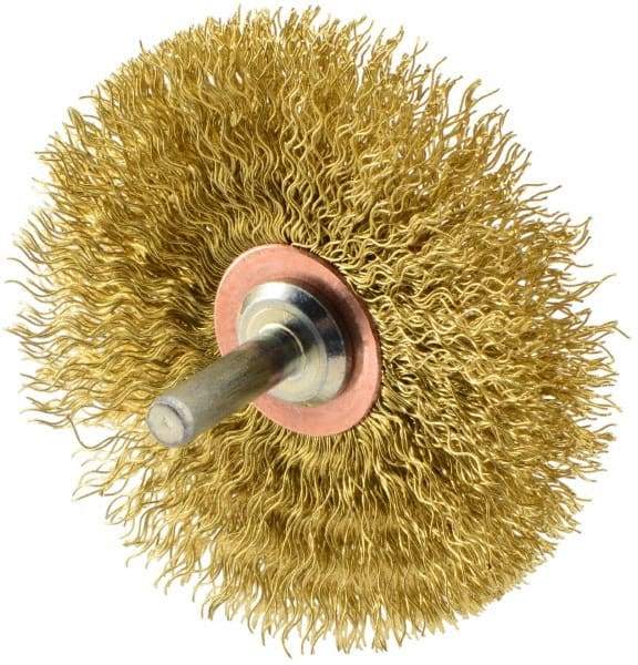 Weiler - 3" OD, 1/4" Shank Diam, Crimped Brass Wheel Brush - 1/2" Face Width, 1" Trim Length, 0.0118" Filament Diam, 20,000 RPM - A1 Tooling