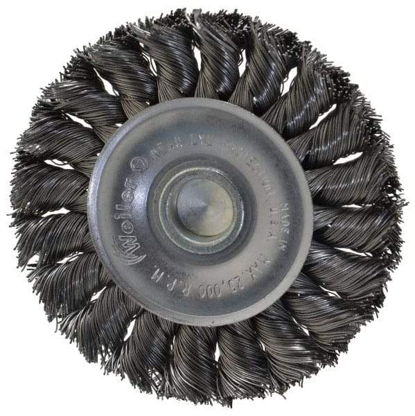 Weiler - 3-1/4" OD, 1/4" Shank Diam, Knotted Steel Wheel Brush - 3/8" Face Width, 5/8" Trim Length, 0.014" Filament Diam, 25,000 RPM - A1 Tooling