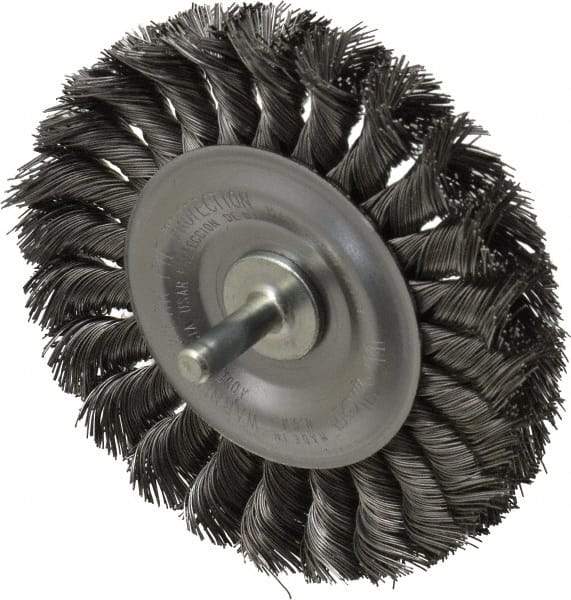 Weiler - 4" OD, 1/4" Shank Diam, Knotted Steel Wheel Brush - 1/2" Face Width, 7/8" Trim Length, 0.014" Filament Diam, 20,000 RPM - A1 Tooling