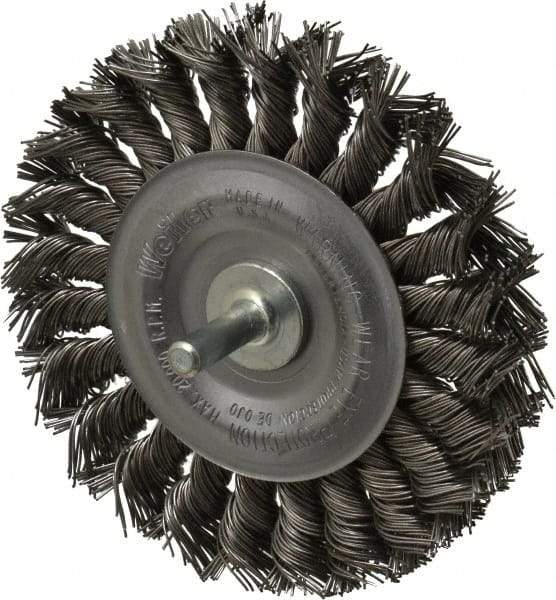 Weiler - 4" OD, 1/4" Shank Diam, Knotted Steel Wheel Brush - 1/2" Face Width, 7/8" Trim Length, 0.02" Filament Diam, 20,000 RPM - A1 Tooling