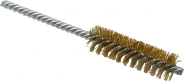 Weiler - 3/4" Diam Helical Brass Tube Brush - Double Spiral, 0.006" Filament Diam, 2-1/2" Brush Length, 5-1/2" OAL, 1/4" Diam Shank - A1 Tooling